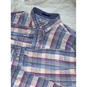 Tommy Bahama Button Down Shirt Mens XXL Blue Red Plaid Cotton Silk Blend